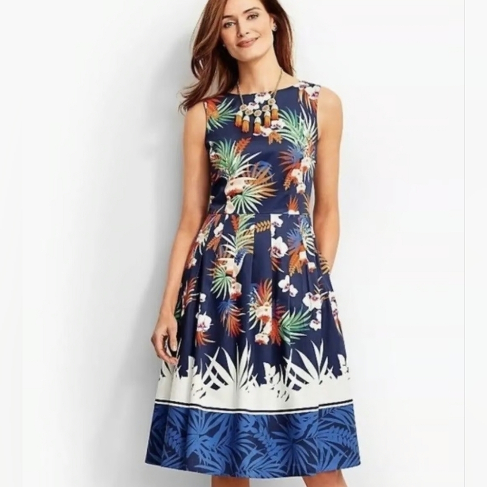 Talbots Tropical Print Sleeveless Lined A Line Dress Blue Orange Pleated Size 8 - Picture 2 of 15